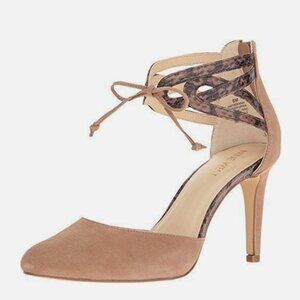 Nine West Hideaway Dress Pumps Natural Snakeskin Tie Straps 3" Heel Size 8